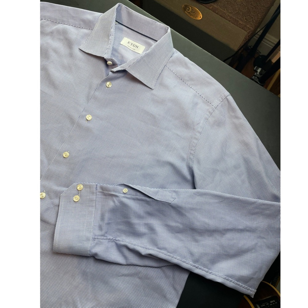 Eton XL Blue White Micro Houndstooth Button Long Sleeve Shirt Mens